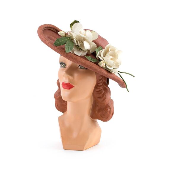 Vintage 1950s Sun Hat 50s White Floral Woven Brown Straw Wide Brim Picture Hat main image 9